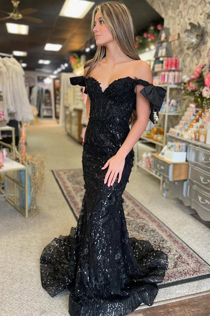 Elegant Mermaid Black Sequin Prom Dress with Off-the-Shoulder Design and Bow Detail