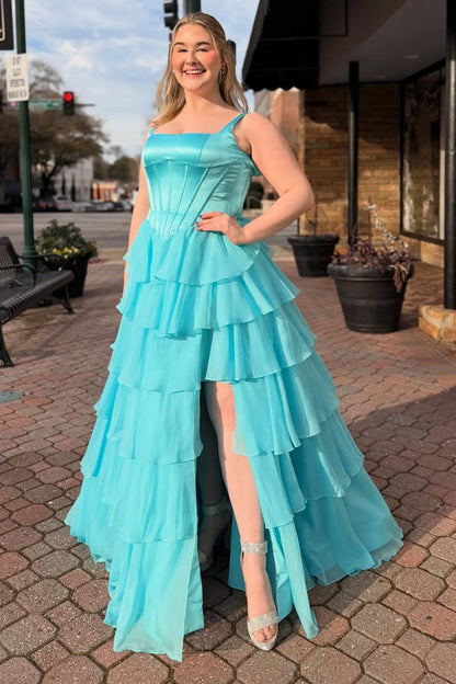 A-Line Square Neck Ruffle Tiered Chiffon Prom Dresses with Slit LD16012708