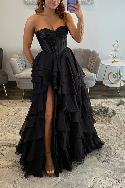 Classic Ball Gown Strapless Black Chiffon Ruffle Tiered Prom Dresses with Slit LD16010706