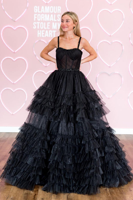 Romantic Ball Gown Straps Black Ruffle Tiered Tulle Prom Dress with Beading LD062574