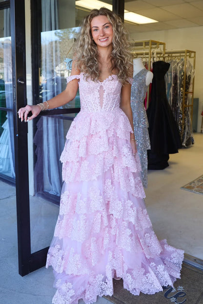 Gorgeous A Line Off the Shoulder Pink Tiered Prom Dress with Slit LD25122905