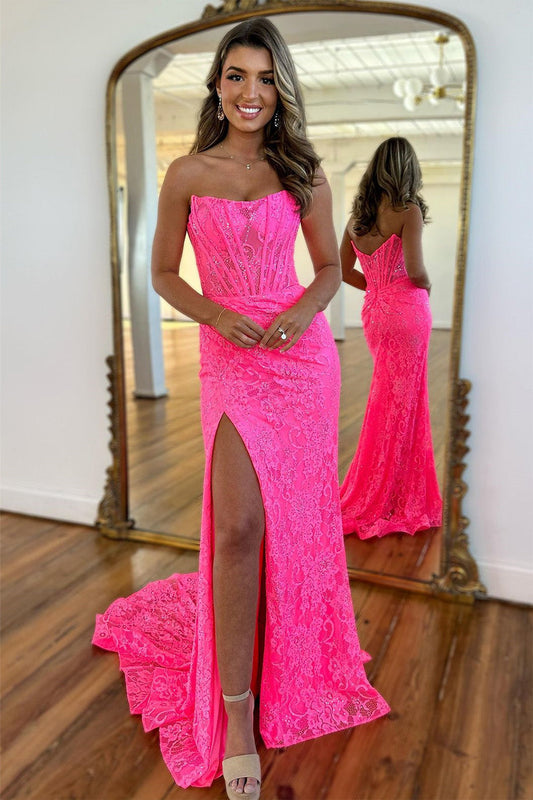 Cute Pink Mermaid Strapless Lace Prom Dress With Slit LD062561