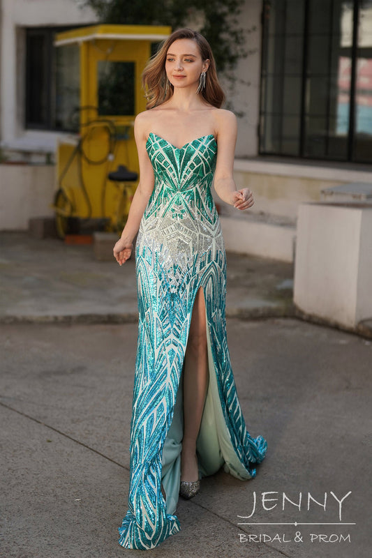 Romantic Green Mermaid Sequins Strapless Sweetheart Neck Prom Dress with Slit