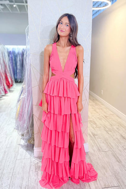 Charming A Line V Neck Black Chiffon Long Prom Dress with Slit LD16010104