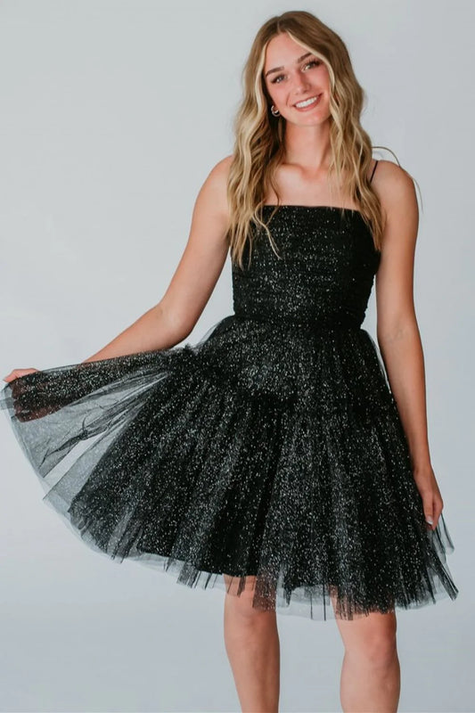 Cute A-Line Spaghetti Straps Black Sparkly Tulle Short Homecoming Dresses LD072201