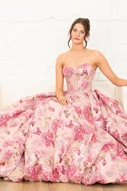 Pretty A-Line Strapless Jacquard Satin Corset Long Prom Dresses LD16011207