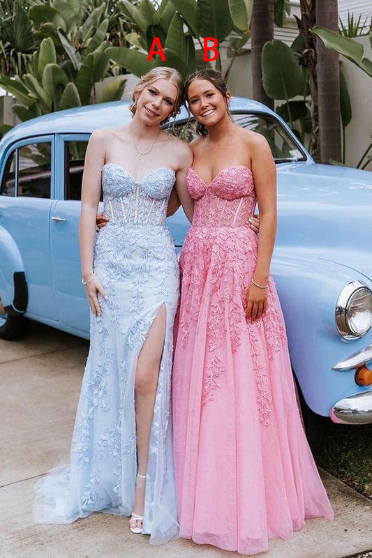 Charming Mermaid Sweetheart Light Blue Lace Prom Dresses with Appliques LD062565