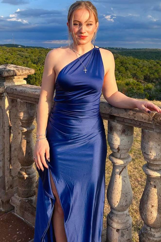 Sage Green One Shoulder Pleats Long Prom Dresses with Slit LD16011109