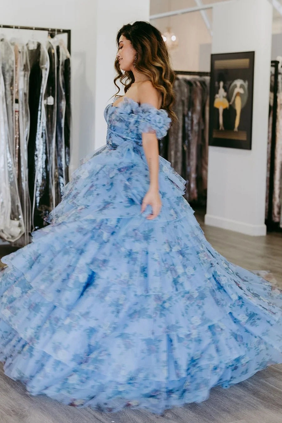 Cute Blue Floral Tiered Prom Dress with Ruffles LD062554