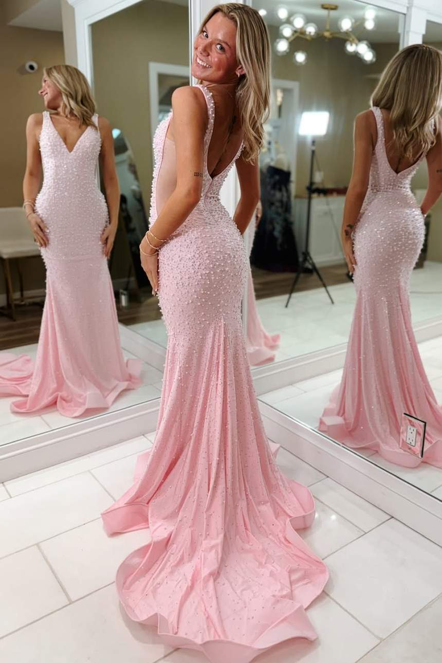 Glitter Mermaid V Neck Light Pink Beaded Long Prom Dresses LD16011306
