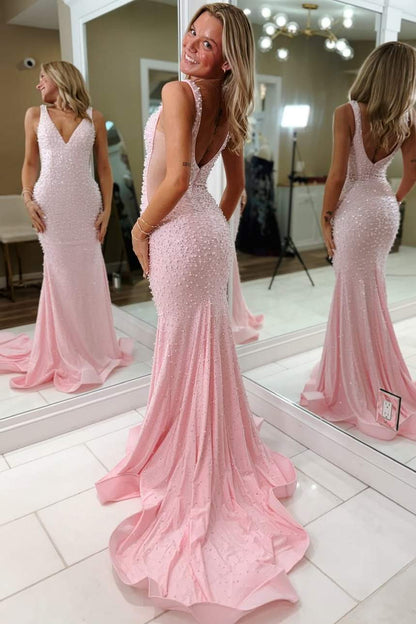 Glitter Mermaid V Neck Light Pink Beaded Long Prom Dresses LD16011306