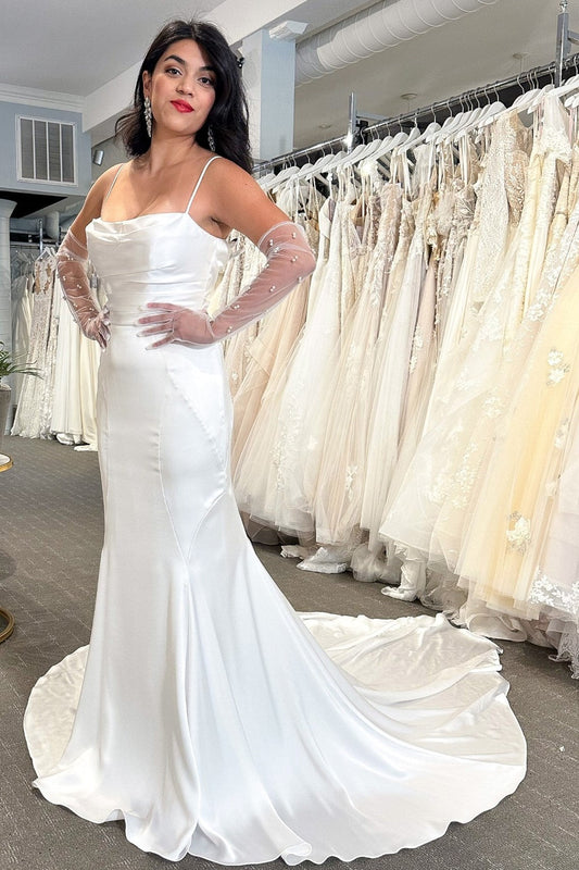 White Mermaid Wedding Dress with Cowl Neck and Covered Button Back