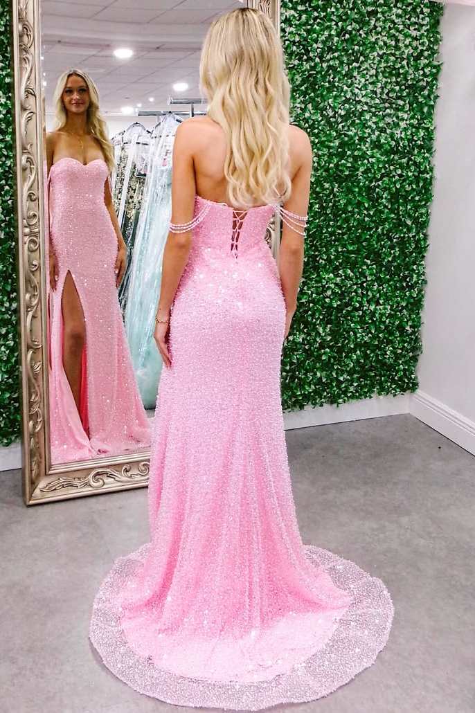 Mermaid Off the Shoulder Pink Sequins Long Prom Dresses with Slit LD16011303