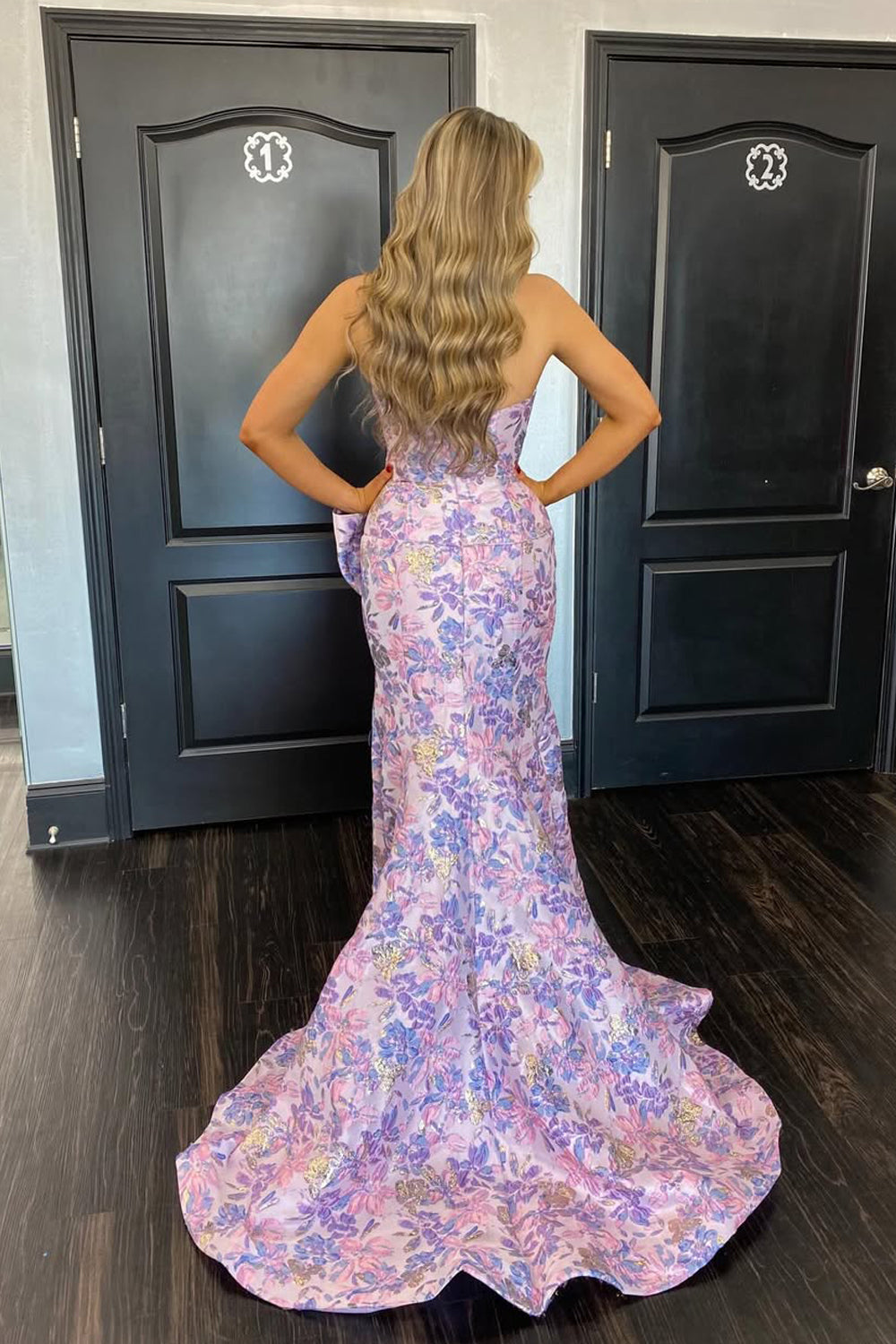 Mermaid Strapless Lavender Jacquard Satin Prom Dress with Slit LD16122804
