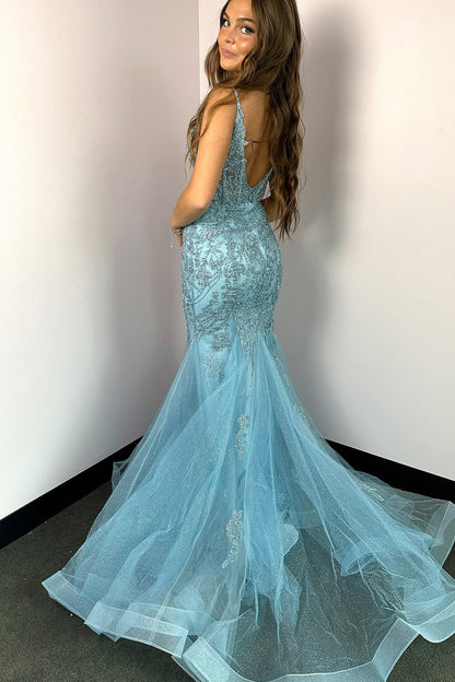 Cute Mermaid Light Blue V-Neck Prom Dress with Beading and Appliques