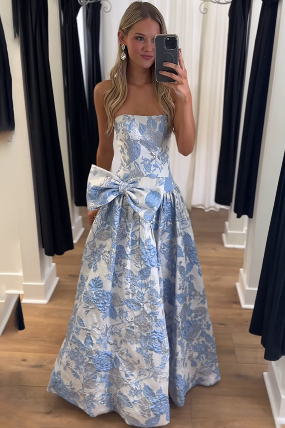 Cute A-Line Strapless Jacquard Satin Purple Flower Long Prom Dresses with Bow LD26011903