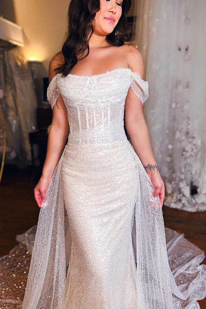 Off-the-Shoulder Mermaid Wedding Dress with Sparkling Sequin Detail