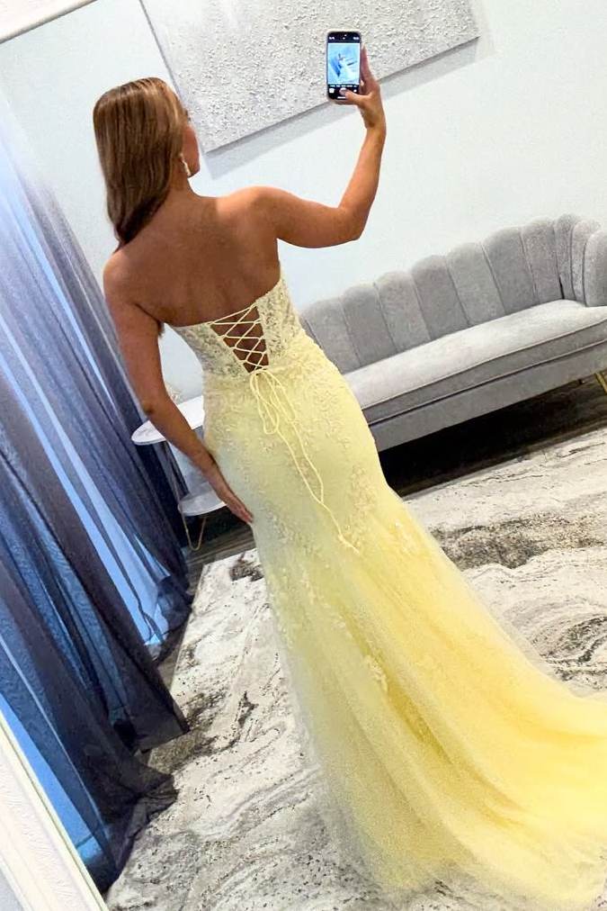 Gorgeous Mermaid Strapless Yellow Keyhold Prom Dresses with Slit LD16011402