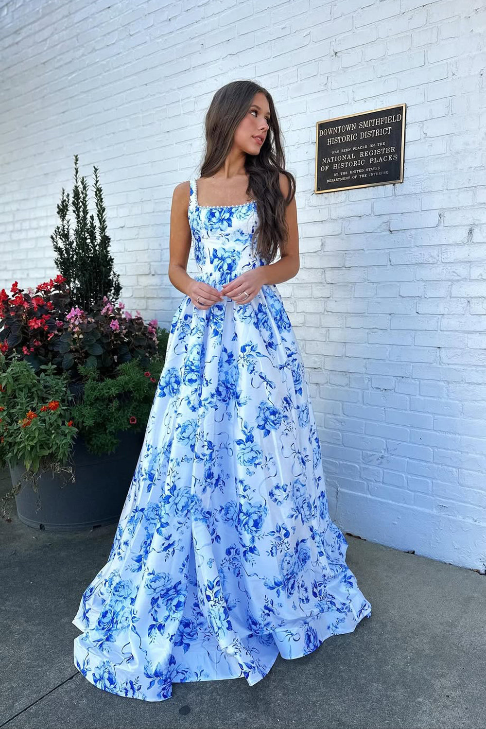 A-Line Square Neck Blue Floral Printed Satin Long Prom Dresses with Pearls LD16012001