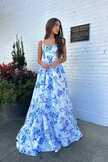 A-Line Square Neck Blue Floral Printed Satin Long Prom Dresses with Pearls LD16012001