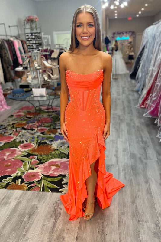 Vibrant Sheath Strapless Orange Satin Prom Dress with Ruffles and Beading