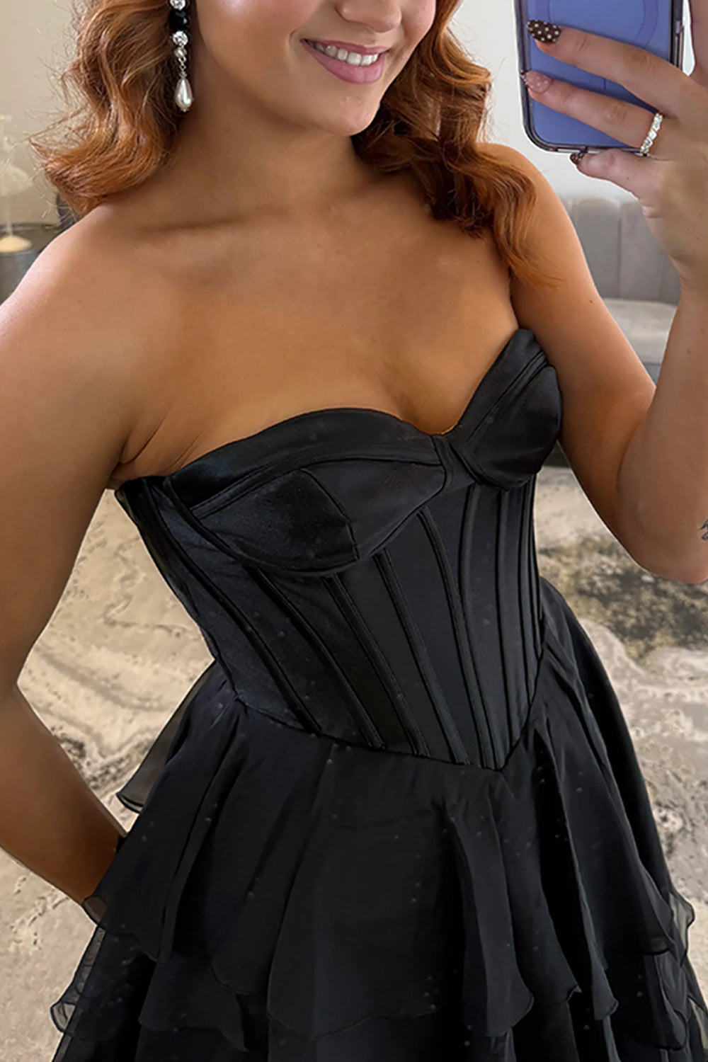 Classic Ball Gown Strapless Black Chiffon Ruffle Tiered Prom Dresses with Slit LD16010706