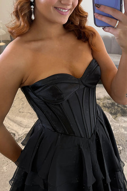 Classic Ball Gown Strapless Black Chiffon Ruffle Tiered Prom Dresses with Slit LD16010706