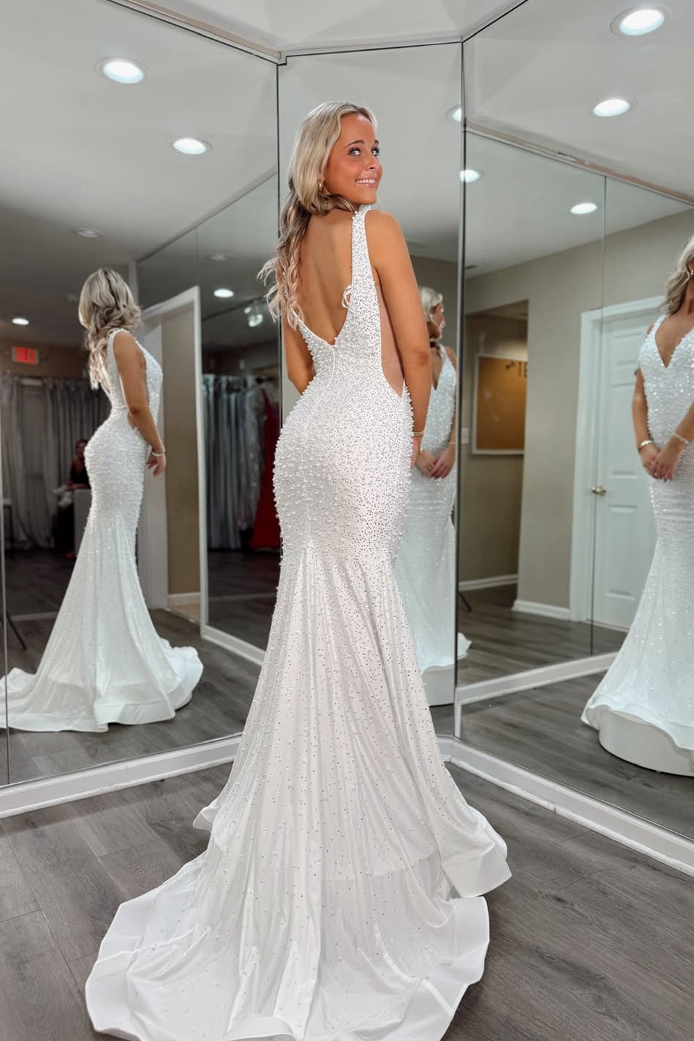 Mermaid V Neck White Satin Long Prom Dresses with Beadings LD16012004