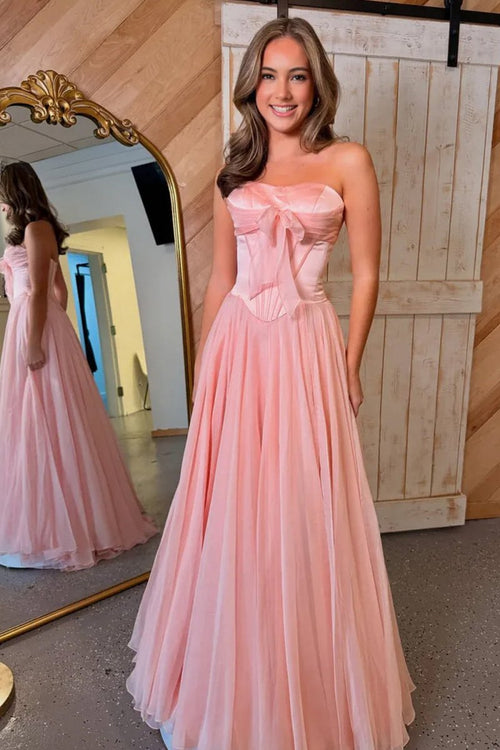Cute A-Line Sweetheart Pink Chiffon Long Prom Dress with Bowknot LD16010510