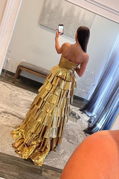 Cute Sweetheart Gold Ruffle Tiered Satin Long Prom Dresses LD062595