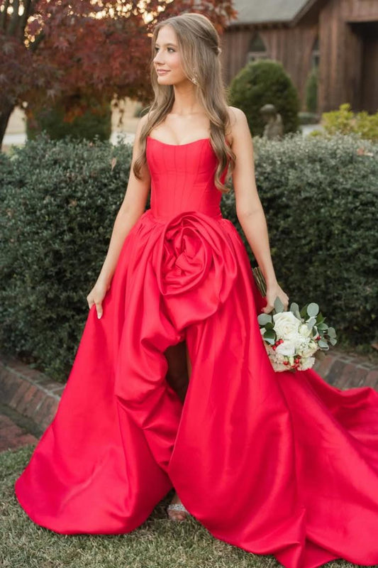Red Strapless Ruched Floral Satin Long Prom Dresses LD16011505