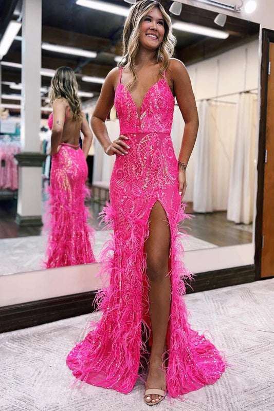 Charming Mermaid V Neck Hot Pink Sequins Long Prom Dresses with Feather LD070812