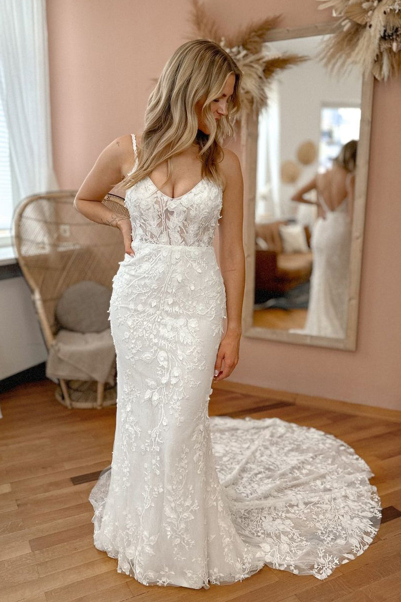 Gorgeous Mermaid V Neck Lace Wedding Dresses LD070604