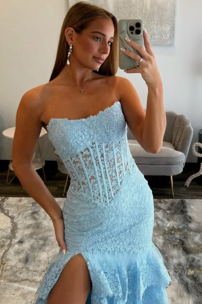 Mermaid Strapless Blue Lace Appliques Ruffle Tiered Long Prom Dresses with Slit LD16011307
