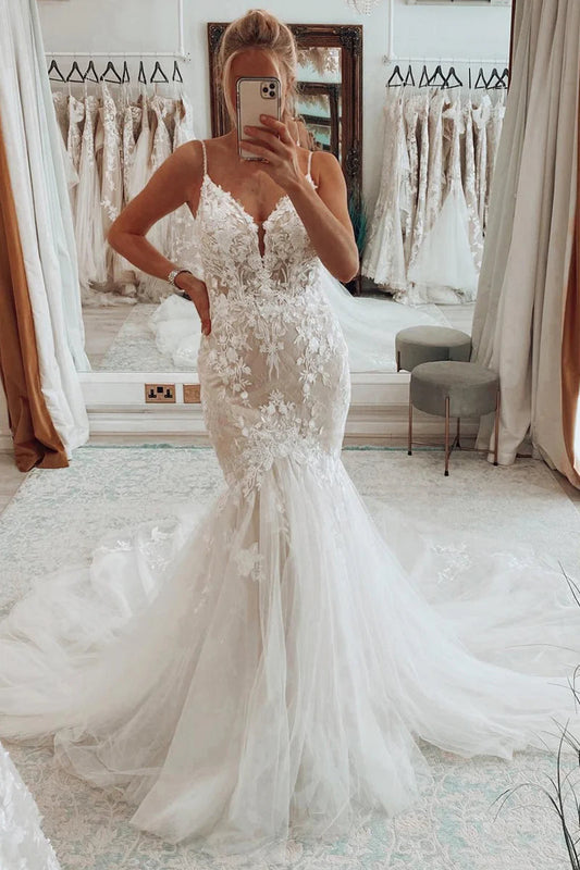 Fairy V-Neck Mermaid Tulle Bridal Dress with Appliqués