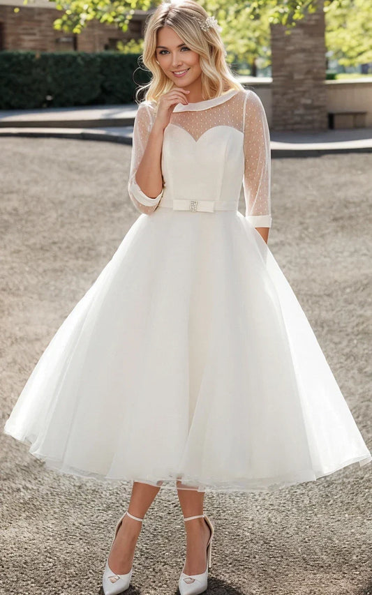 Ava | A-Line Tea-Length Tulle Wedding Dress with Bateau Neck and Illusion Sleeves