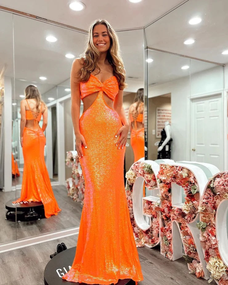 Vibrant | V-Neck Orange Sequin Mermaid Long Prom Dress