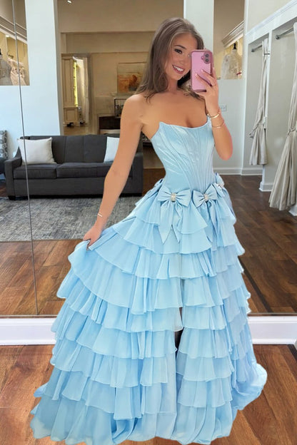 Stunning A-Line Strapless Blue Bow Ruffle Tiered Long Prom Dresses with Slit LD16011309