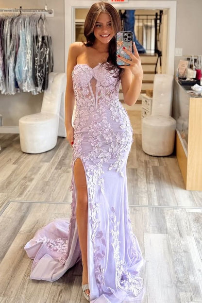 Stunning Mermaid Strapless Sweetheart Lilac Lace Appliques Long Prom Dresses with Slit LD16012402