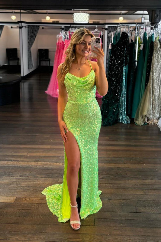 Charming Mermaid Cowl Neck Sequins Long Prom Dresses with Slit LD070302