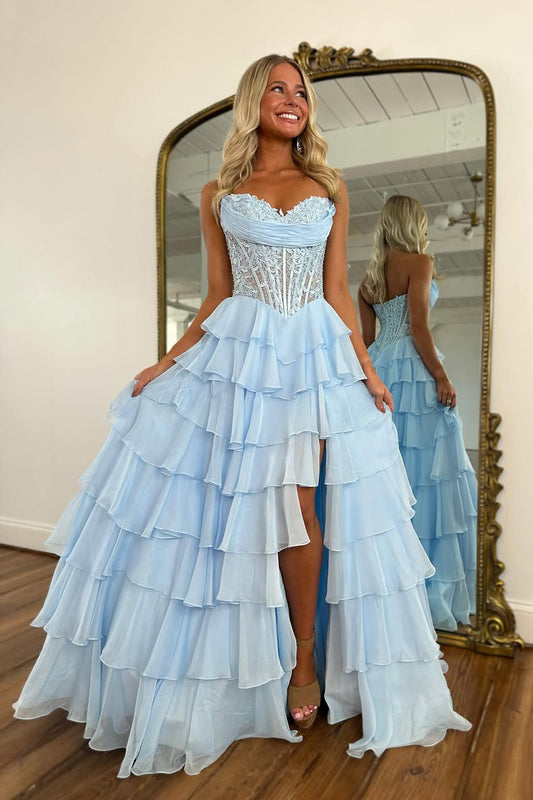 Cute A-Line Sweetheart Light Blue Chiffon Tiered Prom Dress with Appliques LD16010501