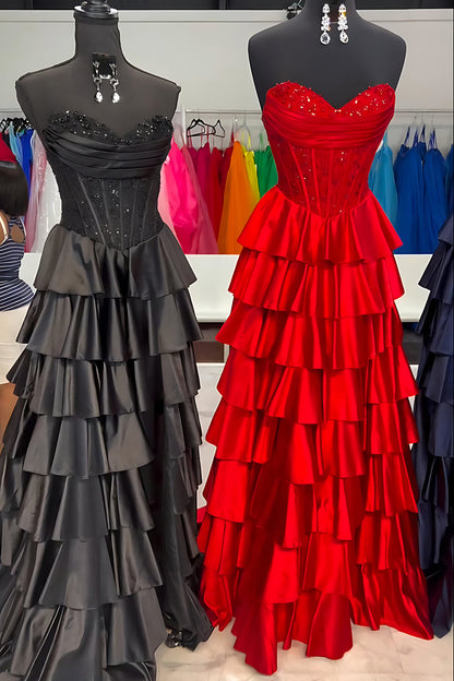 A-Line Strapless Navy Blue Ruffle Tiered Satin Long Prom Dress with Beads LD16010502