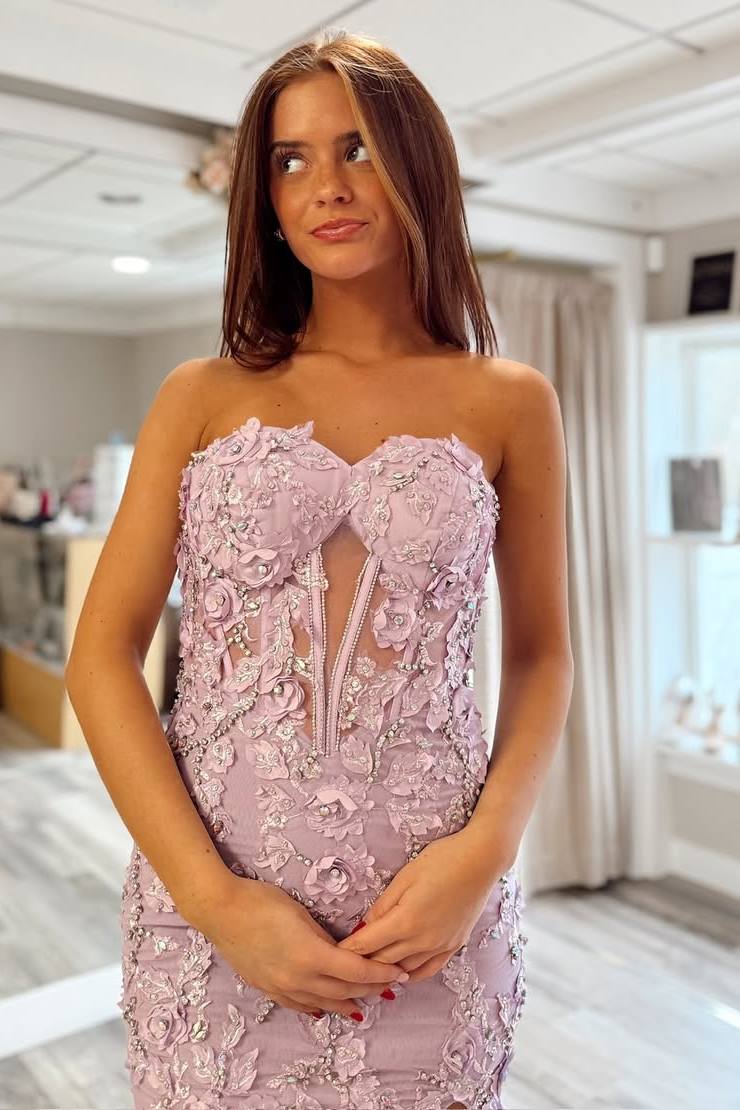 Stunning Mermaid Strapless Sweetheart Lilac Lace Appliques Long Prom Dresses with Slit LD16012402