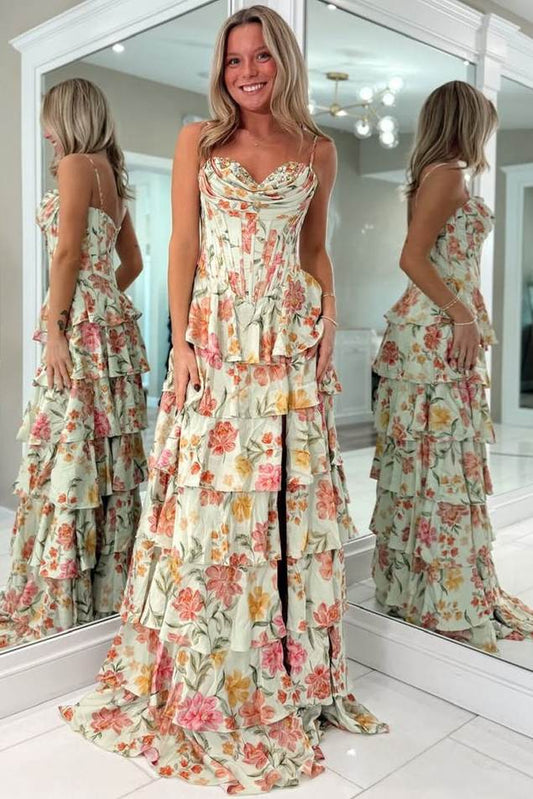 A-Line Sweetheart Spaghetti Straps Floral Printed Tiered Long Prom Dresses with Slit LD16011603