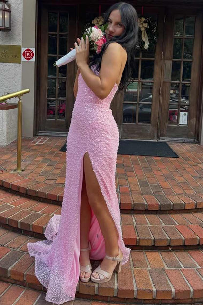 Mermaid Sweetheart Pink Sequins Long Prom Dresses with Slit LD16011310