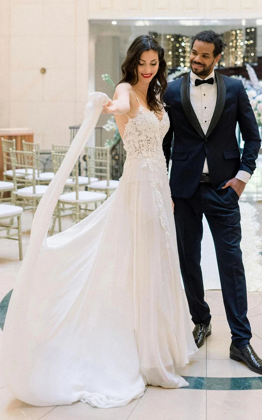 Elysia | Bohemian Lace A-Line Wedding Dress with Illusion Neckline, Open Back, and Front Split