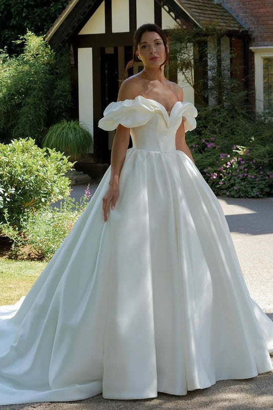 White Puff Off-the-Shoulder V Neck Sweeping Long Wedding Dress ld101005