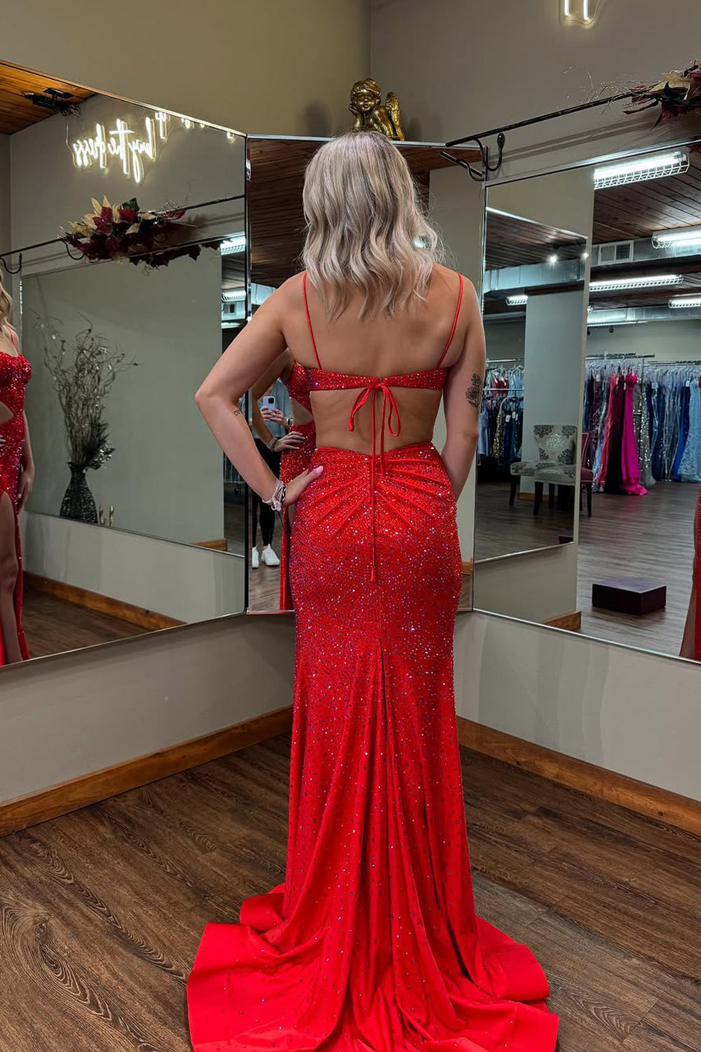 Charming Red Satin Mermaid Prom Dress with Straps and Hot Stone Beading