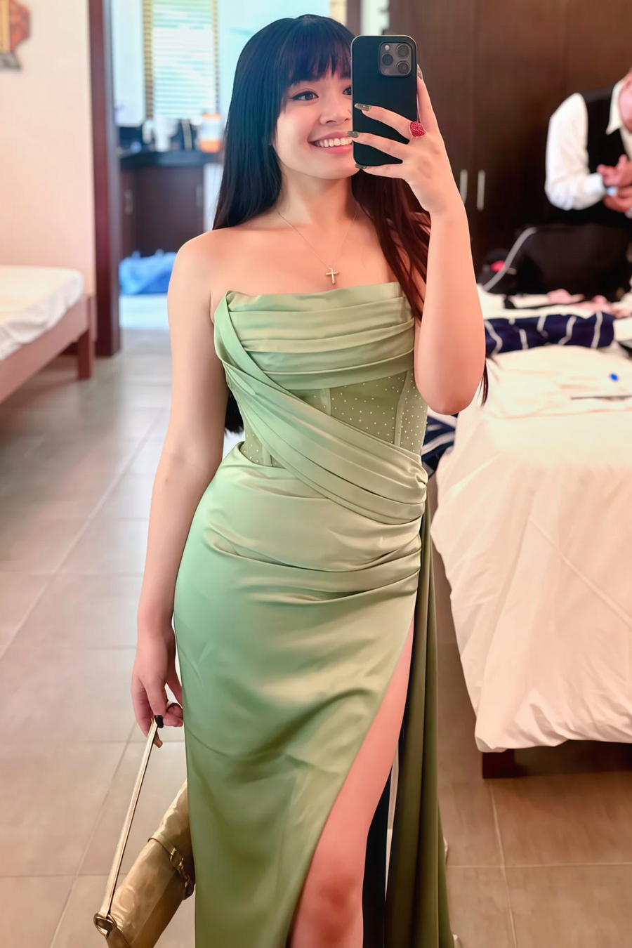 Mermaid Strapless White Satin Pleats Long Prom Dresses with Slit LD16011607