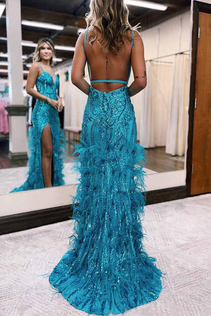 Mermaid V Neck Jade Sequins Long Prom Dresses with Feather LD070822